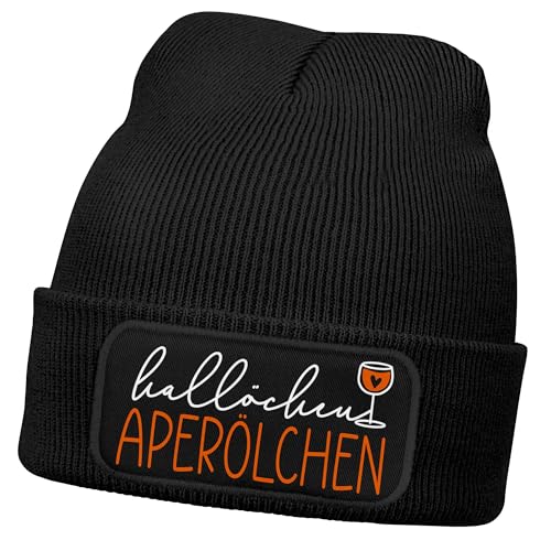 MoonWorks® Damen Beanie mit Patch Hallöchen Aperölchen Strickmütze mit Spruch Aufdruck Lustig Damenmütze Schwarz-orange Unisize von MoonWorks