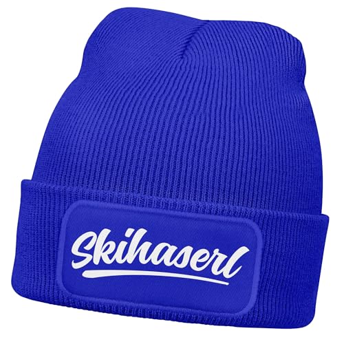 MoonWorks® Damen Beanie mit Patch Skifahren Strickmütze mit Spruch Aufdruck Skihaserl Damenmütze Blau Unisize von MoonWorks