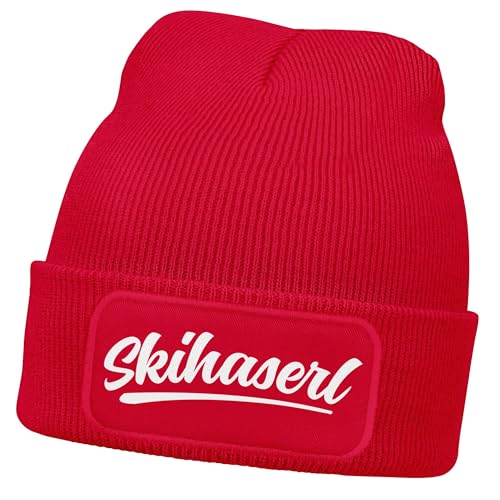 MoonWorks® Damen Beanie mit Patch Skifahren Strickmütze mit Spruch Aufdruck Skihaserl Damenmütze Rot Unisize von MoonWorks