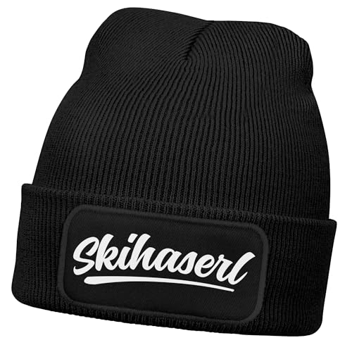 MoonWorks® Damen Beanie mit Patch Skifahren Strickmütze mit Spruch Aufdruck Skihaserl Damenmütze Schwarz Unisize von MoonWorks