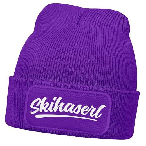 MoonWorks® Damen Beanie mit Patch Skifahren Strickmütze mit Spruch Aufdruck Skihaserl Damenmütze Violett Unisize von MoonWorks