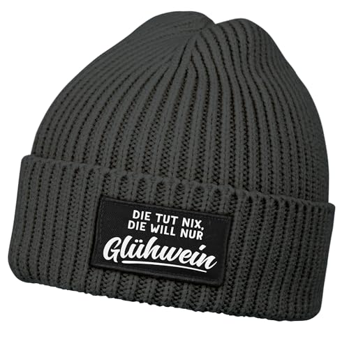 MoonWorks® Damen Beanie mit Patch Strickmütze mit Spruch Die TUT nix, die Will nur Glühwein Aufdruck Lustig Damenmütze Dunkelgrau Unisize von MoonWorks