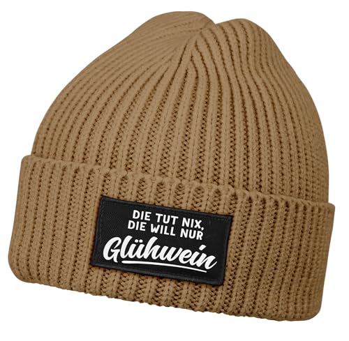 MoonWorks® Damen Beanie mit Patch Strickmütze mit Spruch Die TUT nix, die Will nur Glühwein Aufdruck Lustig Damenmütze Hellbraun Unisize von MoonWorks