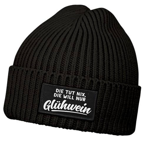 MoonWorks® Damen Beanie mit Patch Strickmütze mit Spruch Die TUT nix, die Will nur Glühwein Aufdruck Lustig Damenmütze Schwarz Unisize von MoonWorks
