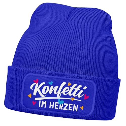 MoonWorks® Damen Beanie mit Patch Strickmütze mit Spruch Fasching Karneval Party Konfetti im Herzen Damenmütze Blau Unisize von MoonWorks