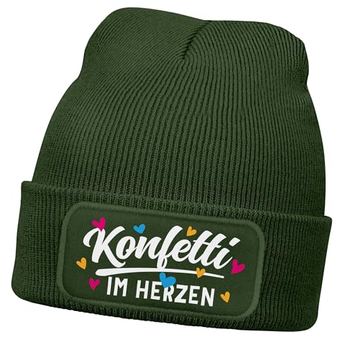 MoonWorks® Damen Beanie mit Patch Strickmütze mit Spruch Fasching Karneval Party Konfetti im Herzen Damenmütze Oliv Unisize von MoonWorks
