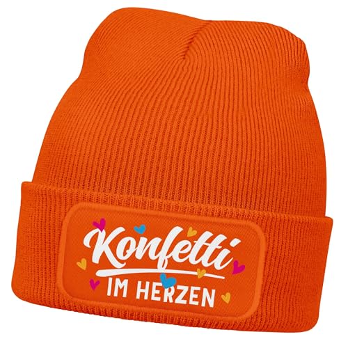 MoonWorks® Damen Beanie mit Patch Strickmütze mit Spruch Fasching Karneval Party Konfetti im Herzen Damenmütze Orange Unisize von MoonWorks