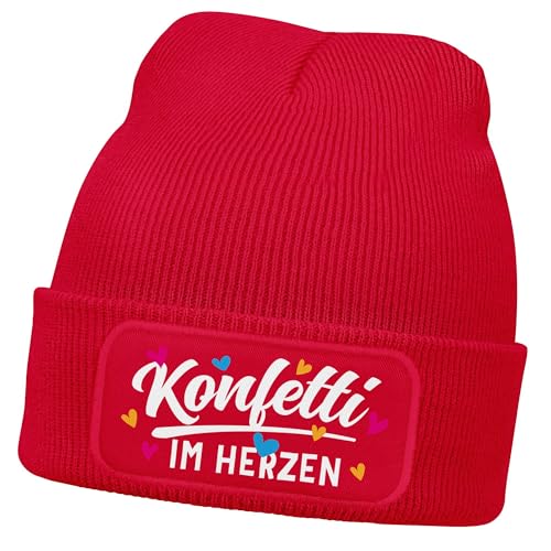 MoonWorks® Damen Beanie mit Patch Strickmütze mit Spruch Fasching Karneval Party Konfetti im Herzen Damenmütze Rot Unisize von MoonWorks