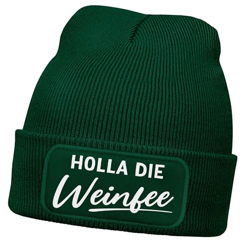 MoonWorks® Damen Beanie mit Patch Strickmütze mit Spruch Holla die Weinfee Aufdruck Lustig Damenmütze Dunkelgruen Unisize von MoonWorks