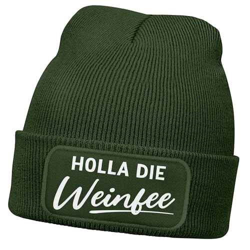 MoonWorks® Damen Beanie mit Patch Strickmütze mit Spruch Holla die Weinfee Aufdruck Lustig Damenmütze Oliv Unisize von MoonWorks