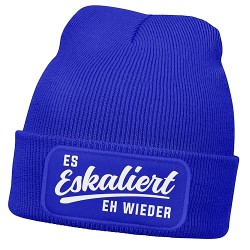 MoonWorks® Damen Beanie mit Patch Strickmütze mit Spruch Party Eskaliert eh Wieder Aufdruck Lustig Damenmütze Blau Unisize von MoonWorks