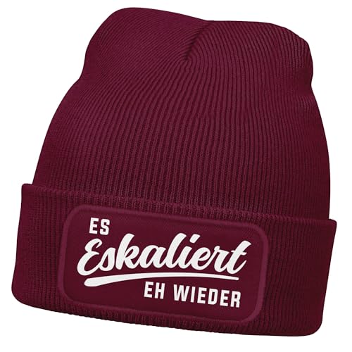 MoonWorks® Damen Beanie mit Patch Strickmütze mit Spruch Party Eskaliert eh Wieder Aufdruck Lustig Damenmütze Bordeauxrot Unisize von MoonWorks