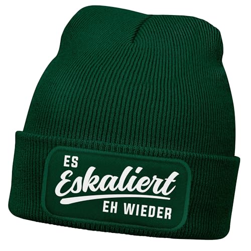 MoonWorks® Damen Beanie mit Patch Strickmütze mit Spruch Party Eskaliert eh Wieder Aufdruck Lustig Damenmütze Dunkelgruen Unisize von MoonWorks