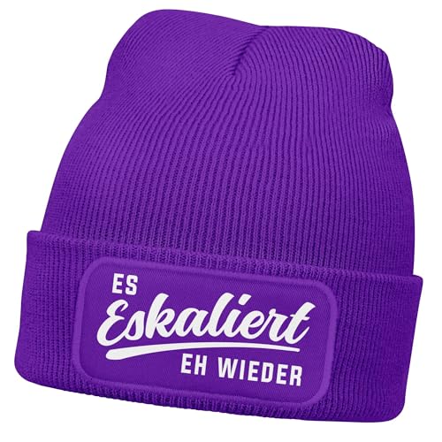 MoonWorks® Damen Beanie mit Patch Strickmütze mit Spruch Party Eskaliert eh Wieder Aufdruck Lustig Damenmütze Violett Unisize von MoonWorks