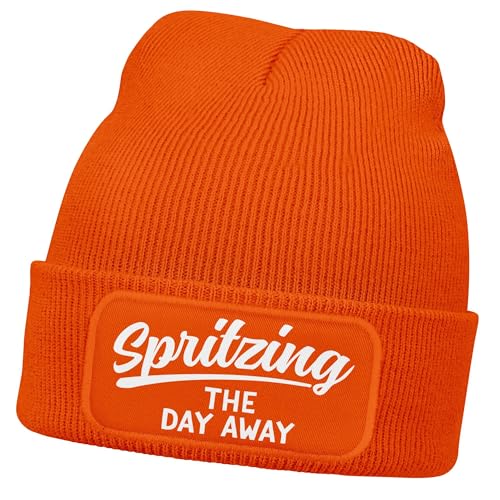 MoonWorks® Damen Beanie mit Patch Strickmütze mit Spruch Spritzing The Day Away Aufdruck Lustig Damenmütze Orange Unisize von MoonWorks