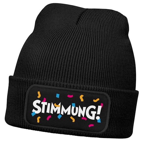 MoonWorks® Damen Beanie mit Patch Strickmütze mit Spruch Stimmung Karneval Fasching Party Outfit Aufdruck Lustig Damenmütze Schwarz Unisize von MoonWorks