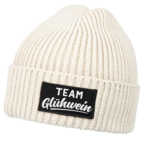 MoonWorks® Damen Beanie mit Patch Strickmütze mit Spruch Team Glühwein Aufdruck Lustig Damenmütze Beige Unisize von MoonWorks