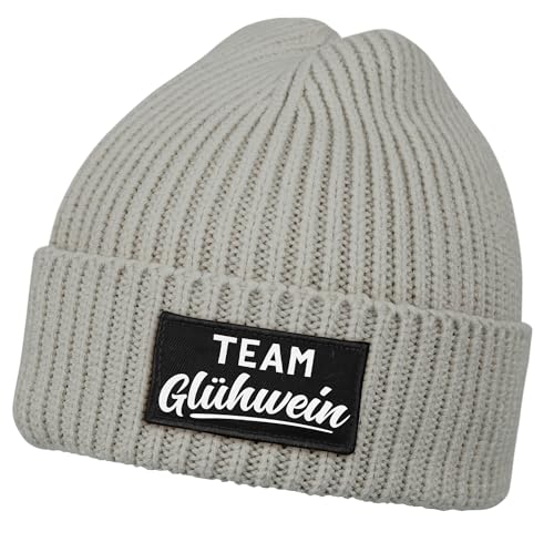 MoonWorks® Damen Beanie mit Patch Strickmütze mit Spruch Team Glühwein Aufdruck Lustig Damenmütze Grau Unisize von MoonWorks