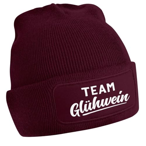 MoonWorks® Damen Beanie mit Patch Strickmütze mit Spruch Team Glühwein Damenmütze Weihnachtsmarkt Outfit Bordeauxrot Unisize von MoonWorks