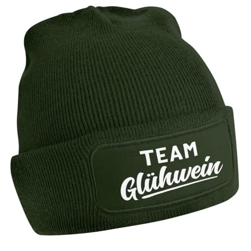 MoonWorks® Damen Beanie mit Patch Strickmütze mit Spruch Team Glühwein Damenmütze Weihnachtsmarkt Outfit Oliv Unisize von MoonWorks