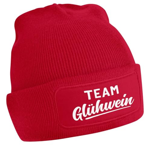 MoonWorks® Damen Beanie mit Patch Strickmütze mit Spruch Team Glühwein Damenmütze Weihnachtsmarkt Outfit rot Unisize von MoonWorks