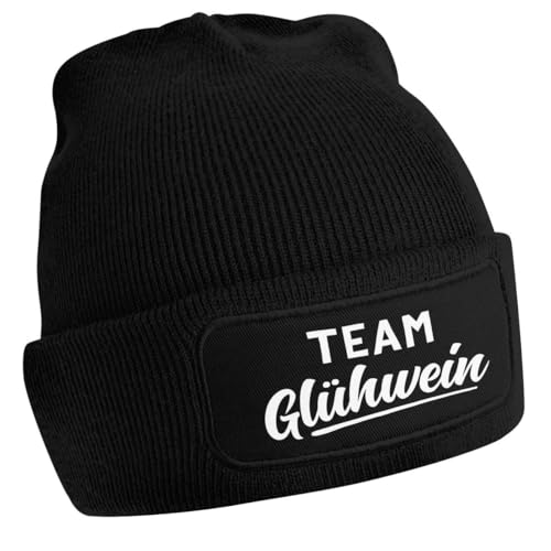 MoonWorks® Damen Beanie mit Patch Strickmütze mit Spruch Team Glühwein Damenmütze Weihnachtsmarkt Outfit schwarz Unisize von MoonWorks