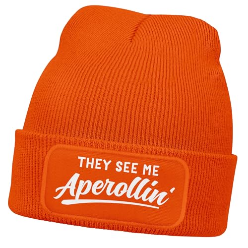 MoonWorks® Damen Beanie mit Patch They See me Aperollin Strickmütze mit Trink-Spruch Aufdruck Lustig Damenmütz Orange Unisize von MoonWorks