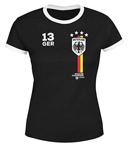 MoonWorks® Damen Fan-Shirt Fußball Retro Deutschland Germany Weltmeisterschaft Fan-Trikot Style WM 2018 schwarz-weiß L von MoonWorks