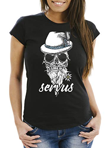 MoonWorks® Damen T-Shirt Aufdruck Totenkopf Filzhut Bayern Skull Blume Oktoberfest Servus Schriftzug Fun-Shirt Frauen schwarz XL von MoonWorks