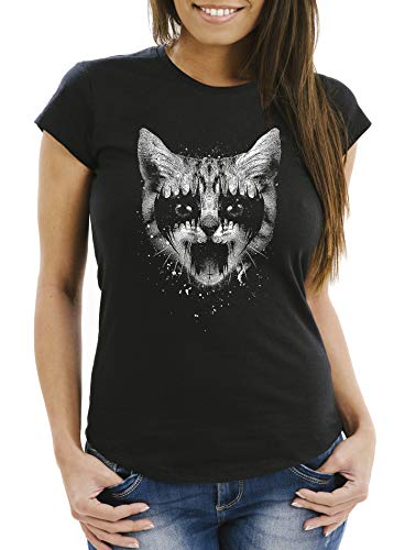 MoonWorks® Damen T-Shirt Black Metal Cat Katzenmotiv Rock Heavy Pussy Cat Slim Fit schwarz M von MoonWorks