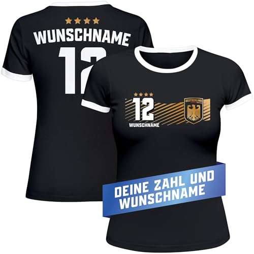 MoonWorks® Damen T-Shirt Deutschland Trikot Name Trikotnummer personalisierbar Fußball Europameisterschaft 2024 Fanshirt schwarz-weiß M von MoonWorks