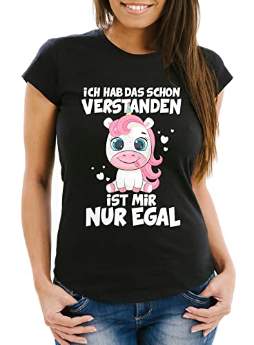 MoonWorks® Damen T-Shirt Einhorn Ich hab das Schon verstanden es ist Mir nur egal Frauen Fun-Shirt lustige Sprüche schwarz L von MoonWorks