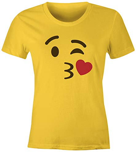 MoonWorks® Damen T-Shirt Emoticon Gruppenkostüm Fasching Karneval Junggesellenabschied JGA lustig Fun-Shirt Küsschen gelb S von MoonWorks