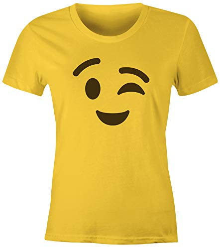 MoonWorks® Damen T-Shirt Emoticon Gruppenkostüm Fasching Karneval Junggesellenabschied JGA lustig Fun-Shirt Zwinkern gelb L von MoonWorks