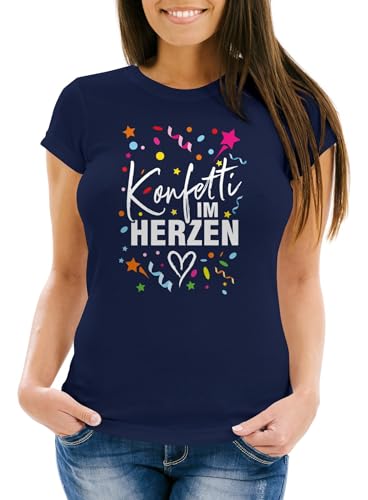 MoonWorks® Damen T-Shirt Fasching Karneval Konfetti im Herzen Kostüm-Ersatz Verkleidung Funshirt Frauen Navy XXL von MoonWorks