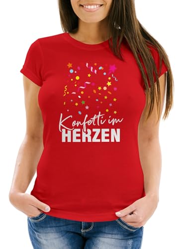 MoonWorks® Damen T-Shirt Fasching Karneval Konfetti im Herzen Kostüm-Ersatz Verkleidung Funshirt Frauen rot L von MoonWorks