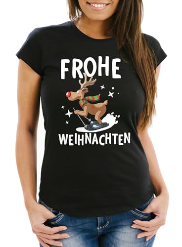 MoonWorks® Damen T-Shirt Frohe Weihnachten Lustig Weihnachtsshirt Dabbing Weihnachtsmotiv Frauen Fun-Shirt Rentier Ski schwarz XL von MoonWorks