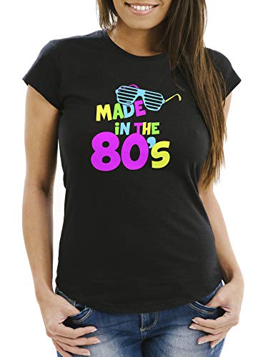 MoonWorks® Damen T-Shirt Geburtstag Made in The 80's Retro Eighties Achtziger Geschenk Fun-Shirt Slim Fit schwarz XL von MoonWorks