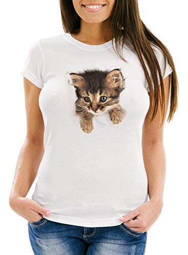 MoonWorks® Damen T-Shirt Katze Katzenmotiv Katzenbaby Tiermotiv Motiv Slim Fit weiß XL von MoonWorks