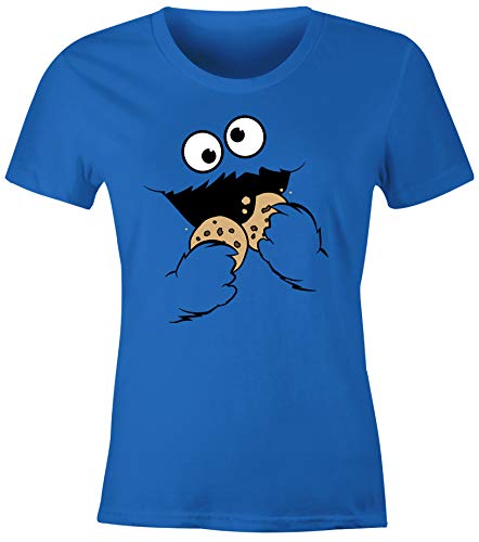 MoonWorks® Damen T-Shirt Krümelmonster Cookie Monster Fasching Karneval Kostüm Verkleidung Slim Fit blau S von MoonWorks