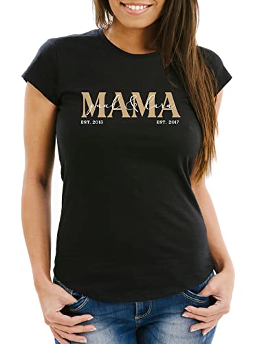 MoonWorks® Damen T-Shirt Mama Kinder personalisiert mit Namen und Geburtsjahr persönliches Muttertagsgeschenk schwarz M von MoonWorks