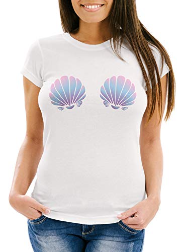 MoonWorks® Damen T-Shirt Meerjungfrau Muschel BH Fasching Karneval Mermaid Nixe weiß L von MoonWorks