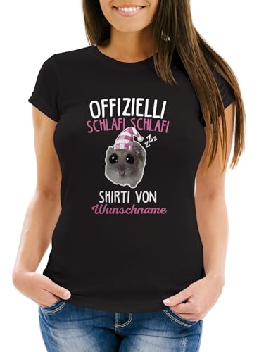 MoonWorks® Damen T-Shirt Offizielles Schlafi Shirt Wunschname Spruch Hamster Meme Frauen Fun-Shirt personalisiert schwarz XS von MoonWorks