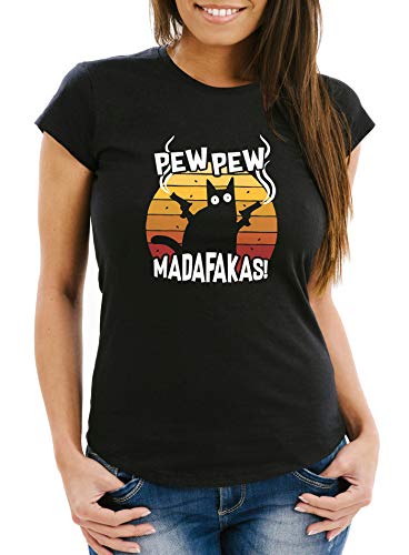 MoonWorks® Damen T-Shirt Pew Pew Madafakas Katze Western Cat Meme Slim Fit schwarz L von MoonWorks