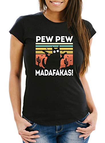 MoonWorks® Damen T-Shirt Pew Pew Madafakas! Schwarze Katze Spruch Meme Frauen Fun-Shirt lustig schwarz XXL von MoonWorks