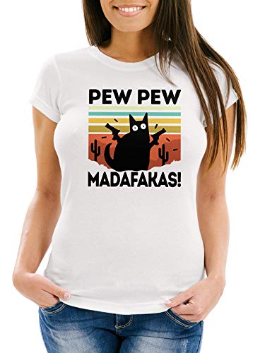 MoonWorks® Damen T-Shirt Pew Pew Madafakas! Schwarze Katze Spruch Meme Frauen Fun-Shirt lustig weiß M von MoonWorks