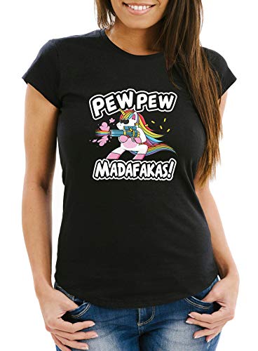MoonWorks® Damen T-Shirt Pew Pew Madafakas böses Einhorn Regenbogen Unicorn Slim Fit schwarz XL von MoonWorks