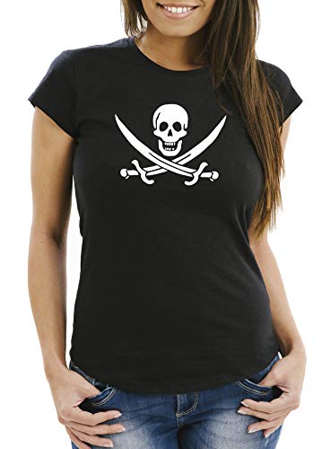 MoonWorks® Damen T-Shirt Pirat Piratin Skull Jolly Roger Calico Fasching Fun-Shirt Slim Fit schwarz XL von MoonWorks