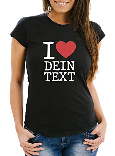 MoonWorks® Damen T-Shirt Spruch I Love rotes Herz anpassbarer Text individualisierbares Motiv Frauen Fun-Shirt lustig schwarz XS von MoonWorks