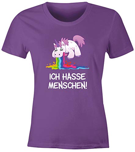 MoonWorks® Damen T-Shirt Spruch Ich Hasse Menschen kotzendes Einhorn Frauen Fun-Shirt lustig lila L von MoonWorks